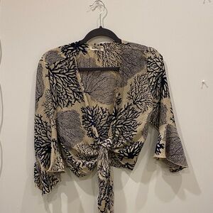 Beige and Navy Tie-Front Blouse